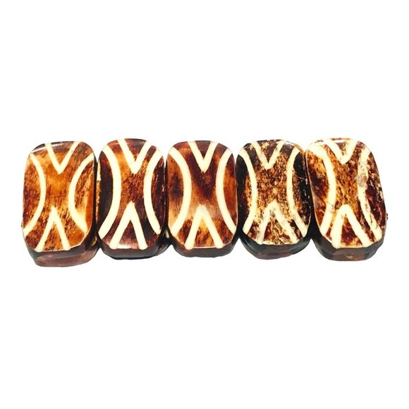 Vintage Brown and White Dyed Carved Bovine Bone Stretch Bracelet Boho Tribal EUC - Picture 5 of 7